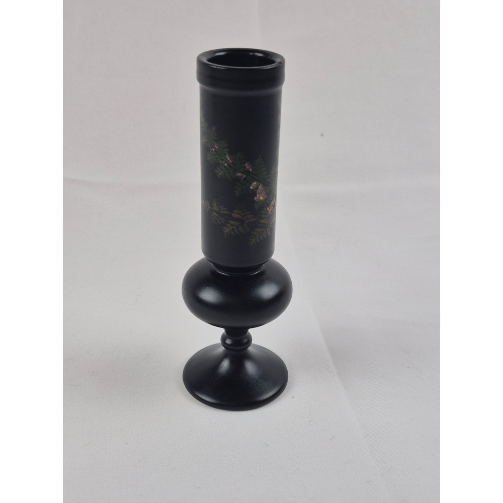 Vintage Hand Painted Black Turned‎ Wood Bud Vase Floral Folk Art Cottage 5" gift